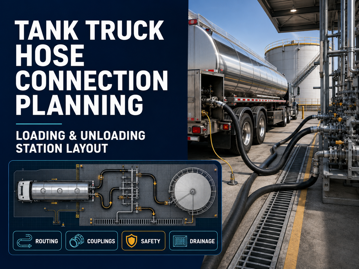 Tuyaux de camion-citerne de pétrole pour les stations de chargement et de déchargement : planification de l'aménagement et des connexions